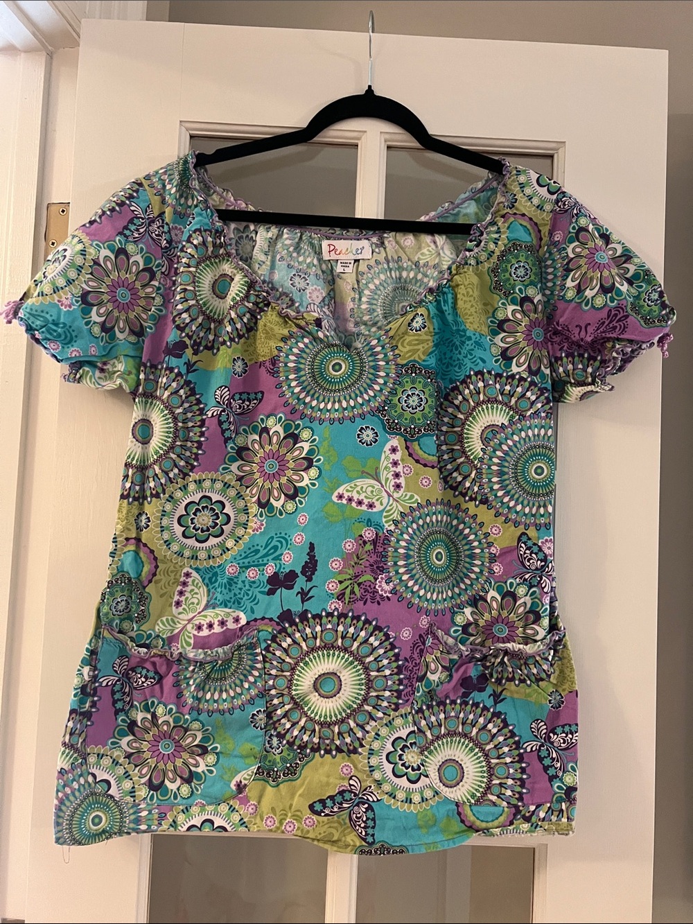 Peaches Teal, Purple & Lime Medallion Short Sleeve Scrub Top